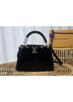 Louis Vuitton Capucines PM Top Handle Shoulder Bag Black Crocodile Embossed Leather M56669