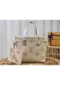 Louis Vuitton Neverfull MM Shopping Tote Bag Creme Beige Monogram Embossed Leather m21579