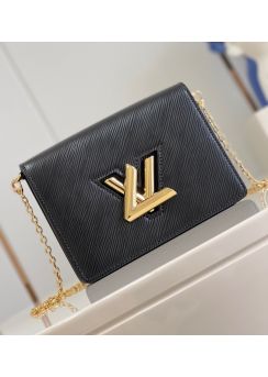 Louis Vuitton Twist Belt Chain Pouch Clutch Shoulder Crossbody Bag Black Grained Cowhide Leather M68750 