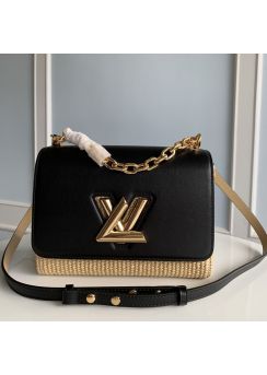 Louis Vuitton Twist MM Shoulder Bag with Natural Raffia and Black Leather M57648