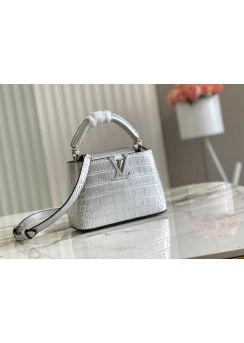 Louis Vuitton Capucines Mini Bag Silver Crocodile Embossed Leather N94227 