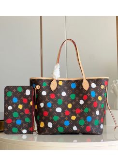 Louis Vuitton Neverfull MM Monogram Canvas Shopping Tote Bag with Red Green Dots Printed M46381