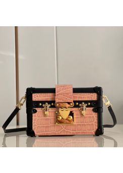 Louis Vuitton Petite Malle Clutch Crossbody Bag Pink Crocodile Embossed Leather M44199