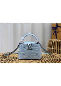 Louis Vuitton Capucines Mini Tote Shoulder Bag Light Blue Crocodile Embossed Leather N92175