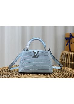 Louis Vuitton Capucines Mini Tote Shoulder Bag Light Blue Crocodile Embossed Leather Bag N92175