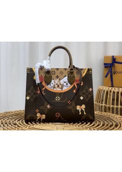 Louis Vuitton Onthego MM Tote Shoulder Bag with Dog Printed Monogram and Monogram Reverse Canvas M45039 