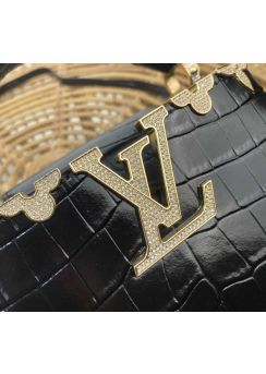 Louis Vuitton Capucines Mini Top Handle Shoulder Bag Black Crocodile Embossed Leather M56669 