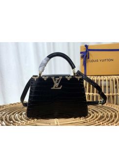 Louis Vuitton Capucines BB Top Handle Shoulder Bag Black Crocodile Embossed Leather M56669 