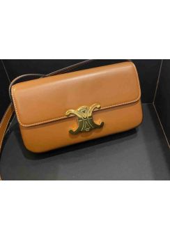 Celine Triomphe Brown Leather Flap Shoulder Bag 194142