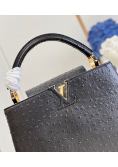 Louis Vuitton Capucines PM Tote Shoulder Bag Black Ostrich Embossed Leather M93483