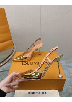 Louis Vuitton Blossom Slingback Pumps Gold Metallic Leather 95MM 35To42