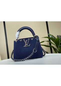 Louis Vuitton Capucines Mini Crystals LV Flower Crown Shoulder Crossbody Bag Blue Velvet M23246