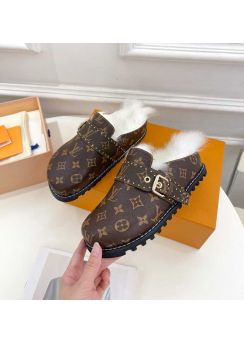 Louis Vuitton Monogram Cosy Flat Comfort Clog Flat Mules with Faux Fur 35To41