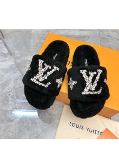 Louis Vuitton Crystal Paseo Flat Comfort Flat Mule Slide Sandal Black Shearling Fur 35To42