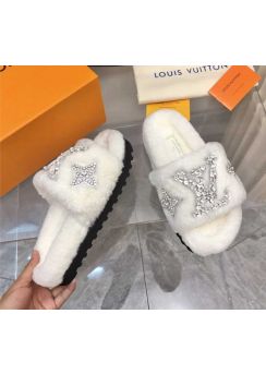 Louis Vuitton Crystal Paseo Flat Comfort Flat Mule Slide Sandal White Shearling Fur 35To42
