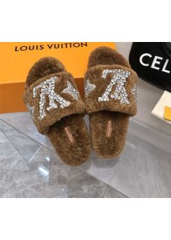Louis Vuitton Crystal Paseo Flat Comfort Flat Mule Slide Sandal Brown Shearling Fur 35To42