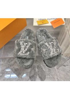 Louis Vuitton Crystal Paseo Flat Comfort Flat Mule Slide Sandal Gray Shearling Fur 35To42