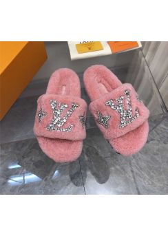 Louis Vuitton Crystal Paseo Flat Comfort Flat Mule Slide Sandal Pink Shearling Fur 35To42