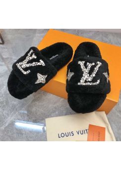 Louis Vuitton Crystal Paseo Flat Comfort Black Shearling Fur Flat Mule Slide Sandal 35To42
