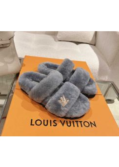 Louis Vuitton Dark Gray Shearling Fur Paseo Flat Comfort Mule Sandal 35To42