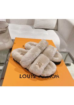 Louis Vuitton Gray Shearling Fur Paseo Flat Comfort Mule Sandal 35To42