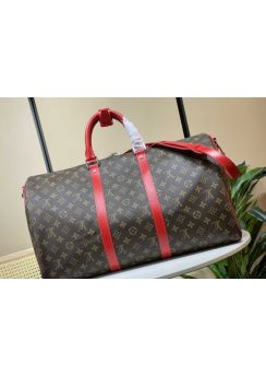 Louis Vuitton Keepall Bandouliere 50 Travel Carry on Luggage Bag Red Leather and Monogram Canvas M41416