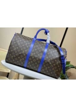 Louis Vuitton Keepall Bandouliere 50 Travel Carry on Luggage Bag Blue Leather and Monogram Canvas M41416