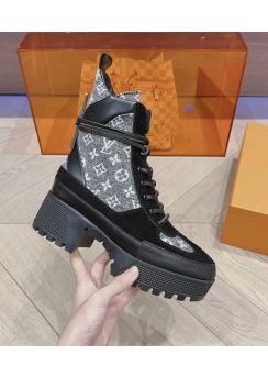 Louis Vuitton Laureate Platform Desert Lace Up Ankle Boots Black Suede Denim Monogram 35To41
