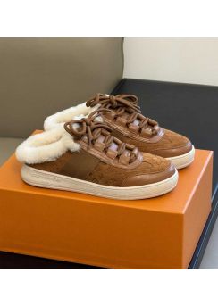 Louis Vuitton Lous Open Back Flat Trainers Sneaker Brown Monogram Suede and Shearling 35To41