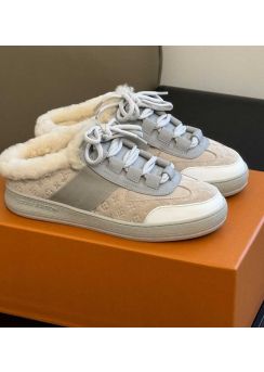 Louis Vuitton Lous Open Back Flat Trainers Sneaker Beige Monogram Suede and Shearling 35To41