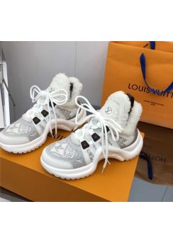Louis Vuitton LV Archight White Gray Leather Lace Up Sneakers with Shearling 35To41
