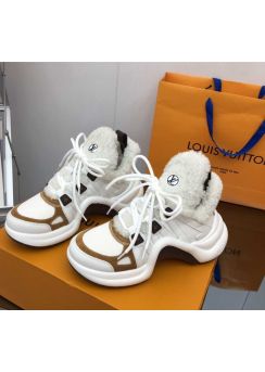 Louis Vuitton LV Archight White Brown Leather Lace Up Sneakers with Shearling 35To41