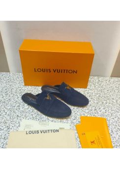 Louis Vuitton LV Capri Open Back Loafers Flat Mules Navy Blue Suede Calfskin 35To42