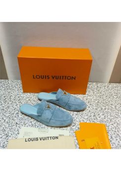 Louis Vuitton LV Capri Open Back Loafers Flat Mules Blue Suede Calfskin 35To42