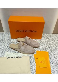Louis Vuitton LV Capri Open Back Loafers Flat Mules Gray Suede Calfskin 35To42