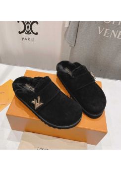 Louis Vuitton LV Easy Flat Mule with Shearling Fur Black Suede Calfskin 35To41