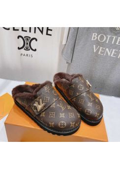 Louis Vuitton LV Easy Flat Mule with Shearling Fur Brown Monogram Canvas 35To41