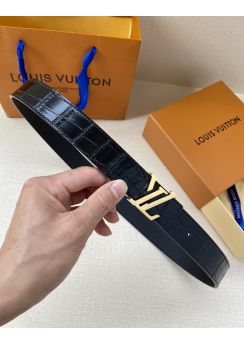 Louis Vuitton LV Ghost Buckle 30MM Reversible Belt Black Crocodile Embossed Leather