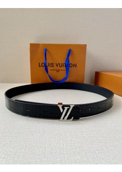 Louis Vuitton LV Ghost Buckle 30MM Reversible Belt Crocodile Embossed Black Leather