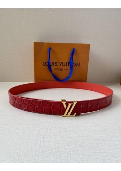 Louis Vuitton LV Ghost Buckle 30MM Reversible Belt Red Crocodile Embossed Leather