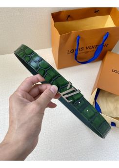 Louis Vuitton LV Ghost Buckle 30MM Reversible Green Crocodile Embossed Leather Belt 