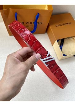 Louis Vuitton LV Ghost Buckle 30MM Reversible Red Belt Crocodile Embossed Leather