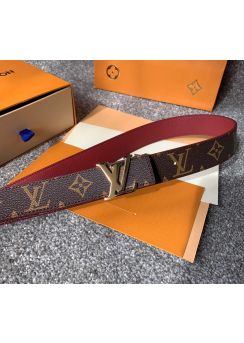 Louis Vuitton LV Initiales Burgundy Leather Monogram Canvas Belt