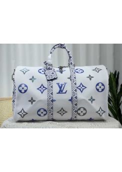 Louis Vuitton Keepall Bandouliere 50 Travel Bag White Blue Monogram Canvas M10254 