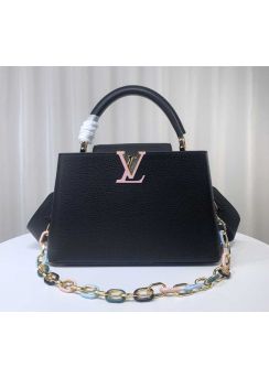 Louis Vuitton Capucines PM Handbag with Detachable Chain Black Leather M21652 