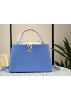 Louis Vuitton Capucines PM Tote Shoulder Bag Light Blue White Leather m21689 