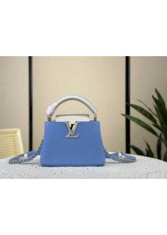 Louis Vuitton Capucines Mini Tote Shoulder Bag Light Blue White Leather m21689