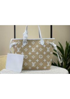 Louis Vuitton Neverfull MM Shopping Tote Bag Beige Raffia Like Cotton M22838 
