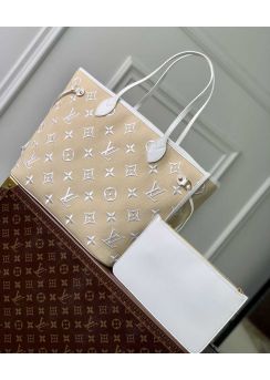 Louis Vuitton Neverfull MM Shopping Tote Bag White Monogram Lotus Cotton M22838