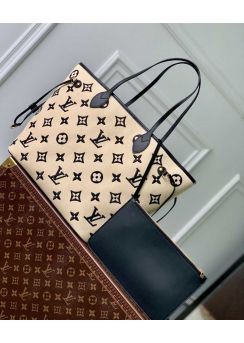 Louis Vuitton Neverfull MM Shopping Tote Bag Black Monogram Lotus Cotton M22838